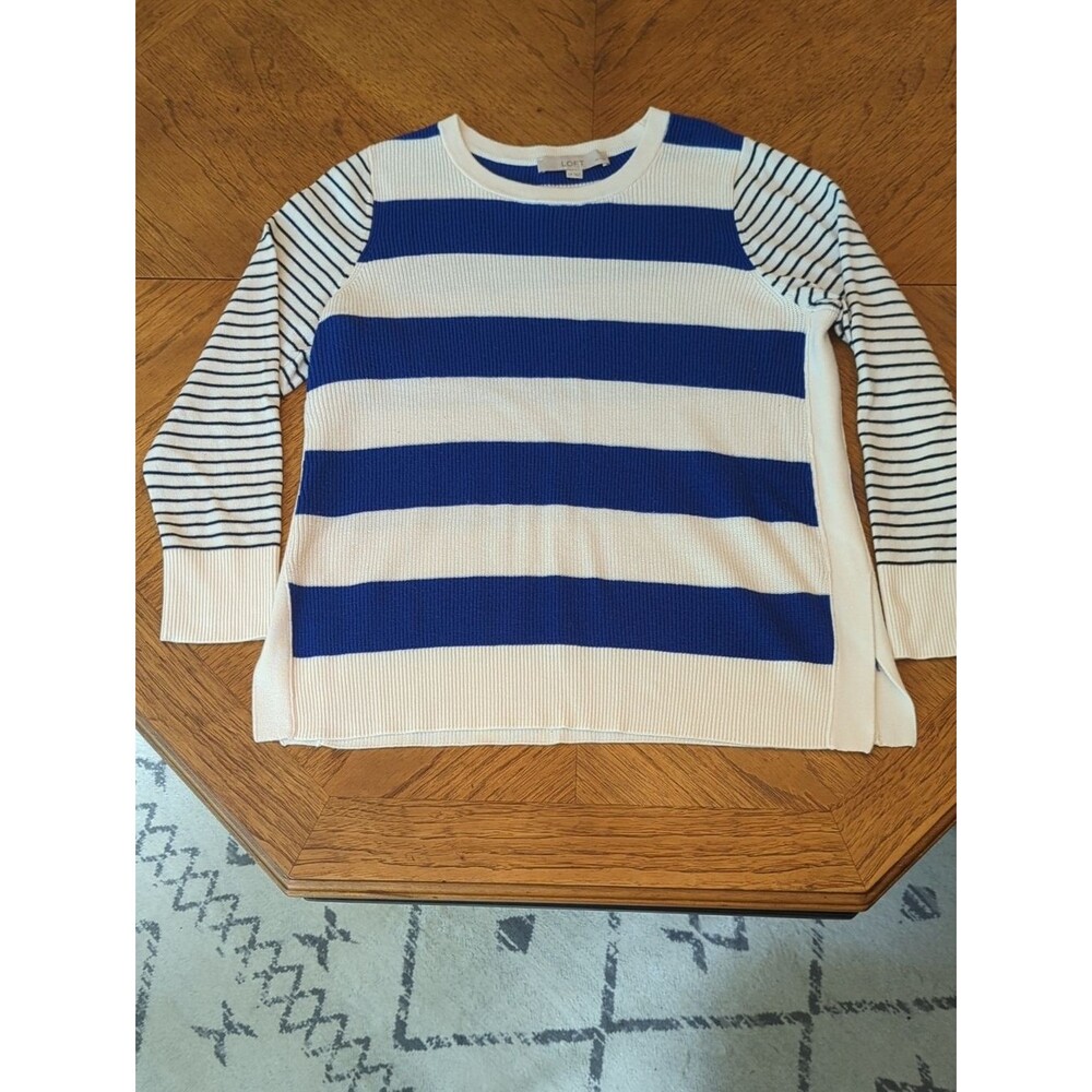LOFT Blue, Black, and White Striped Crewneck Sweater